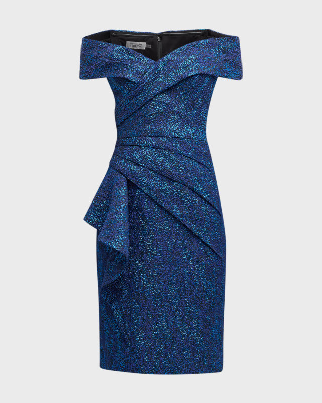 Off-Shoulder Pleated Jacquard Midi Dress